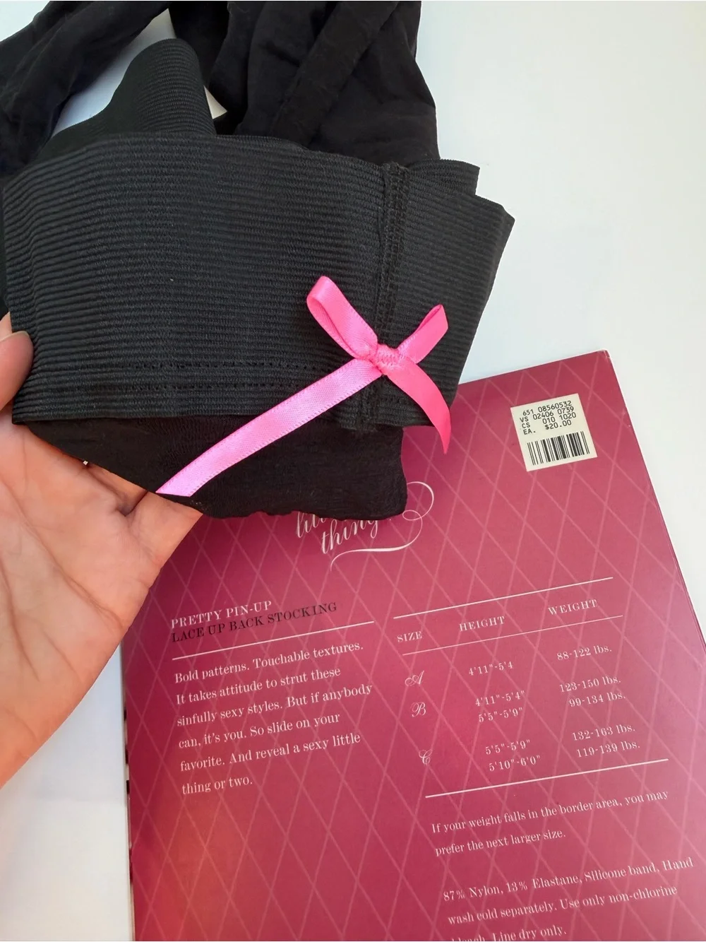 Vintage Victoria Secret, Black Sheer Thigh-High Stockings with Pink Bow Accent